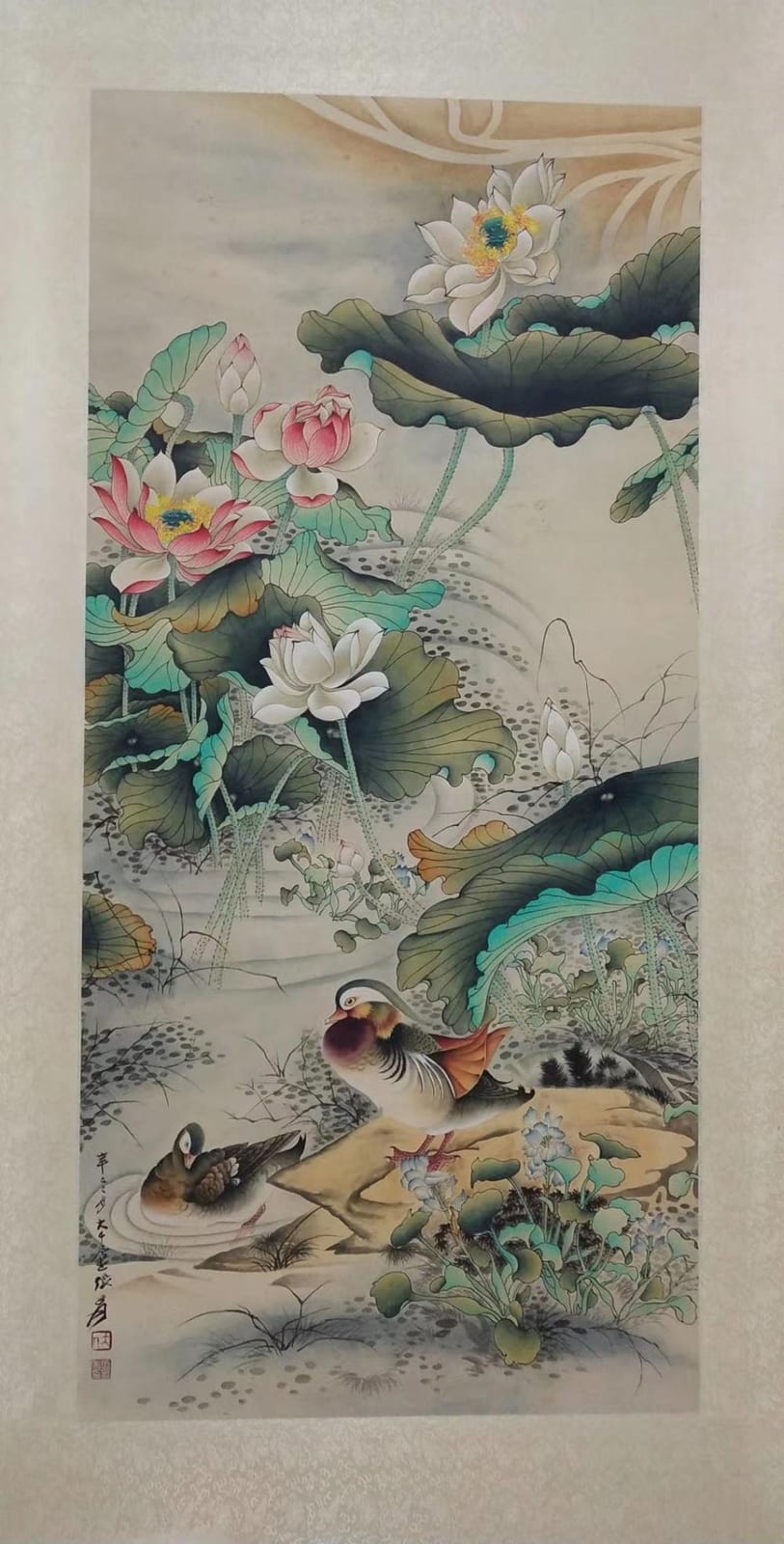 张大千 荷花鸳鸯图立轴 画心尺寸 attributed to Zhang Daqian (1899-1983) “Mandarin duck in lotus flowers”, Chinese paper scroll painting sold by Eternity Gallery, lot 135H — auction record photograph