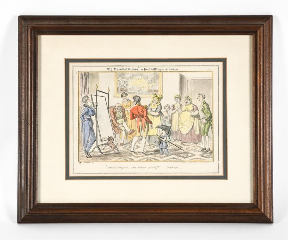 Framed political cartoon print showing a crowd of people in a street scene with a burst of light overhead.