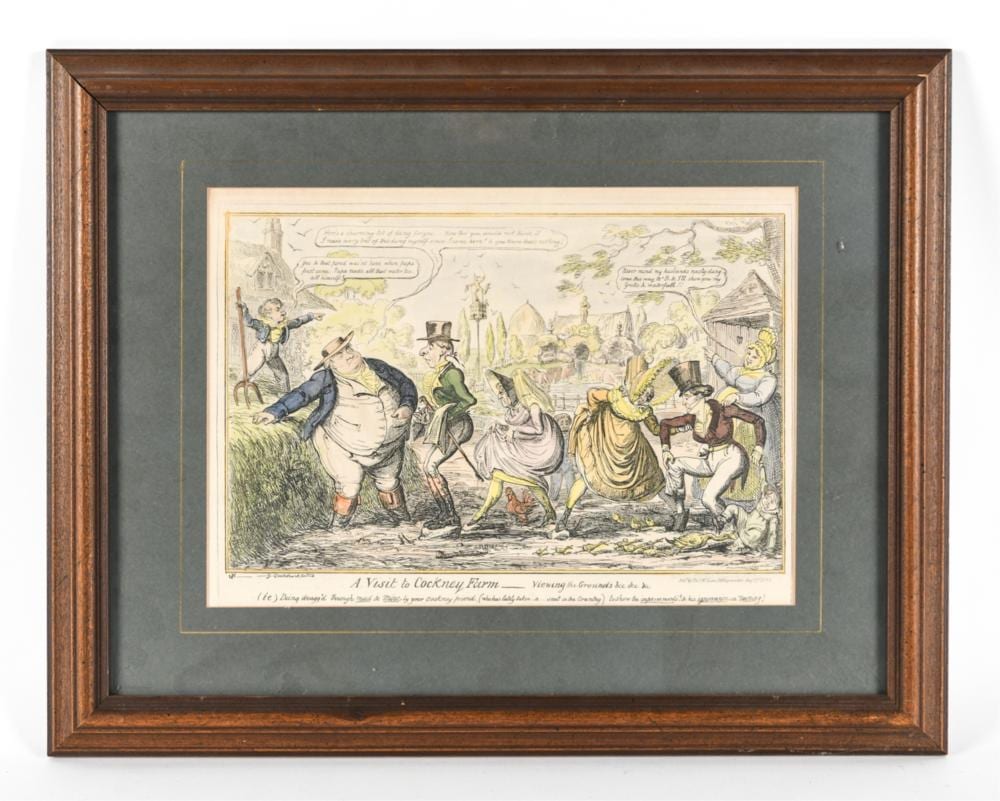 Framed vintage caricature print showing people in a countryside scene, with a title reading “A Visit to Cockney Farm.”