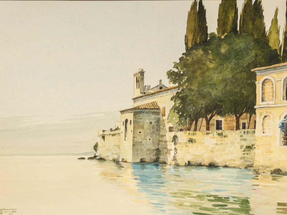 Aldo Riso comparable auction result: aldo riso italian 1929 2008 2 x watercolours punta san vigilio lago de garda punting on a river signed titled 68 x 98 34 x 21