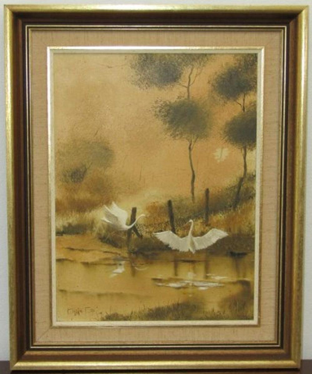 Clarrie Cox comparable auction result: clarrie cox oil on board cranes