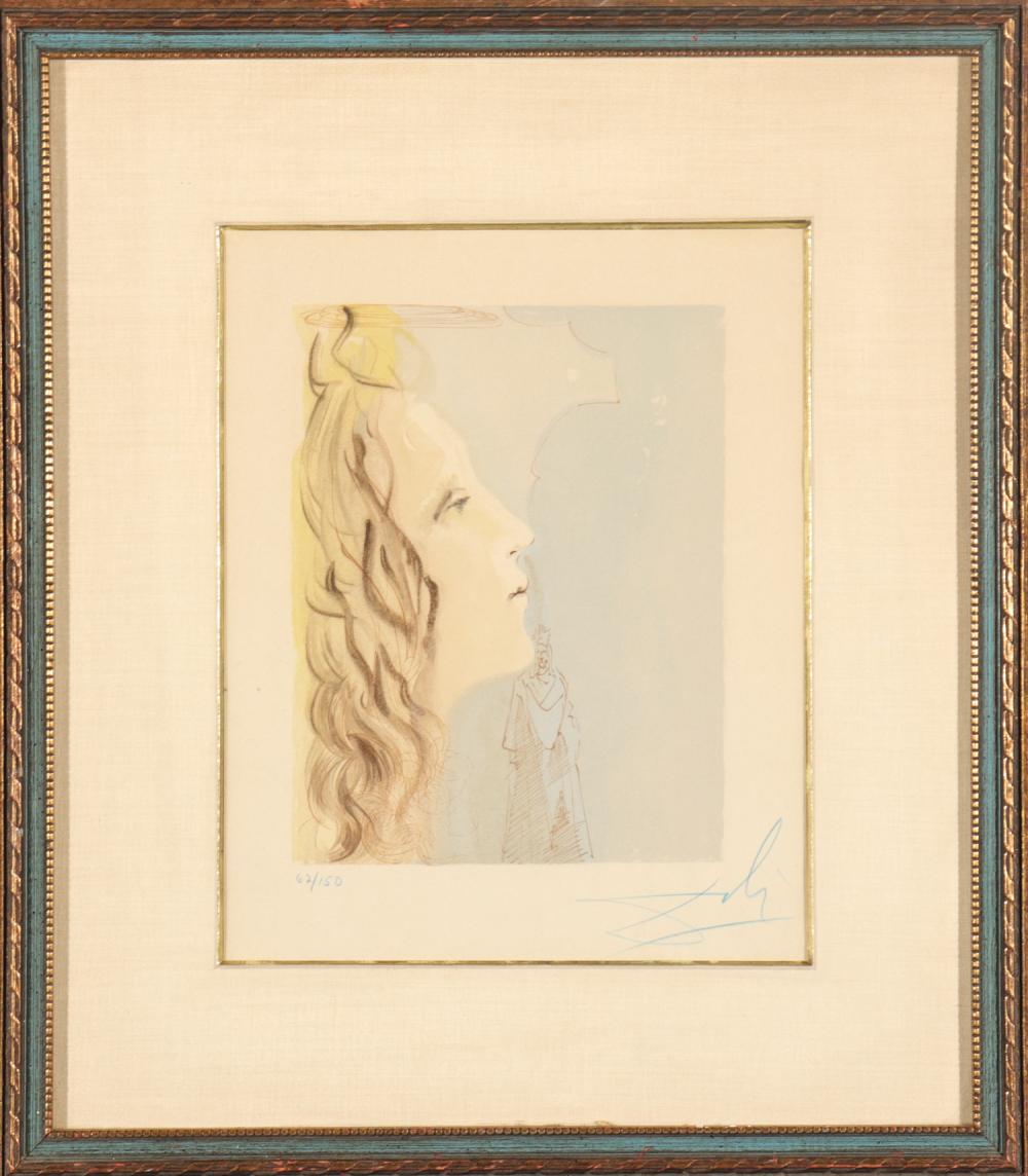 Framed print showing a side-profile portrait of a woman with wavy hair and light color sketch lines on a pale background.