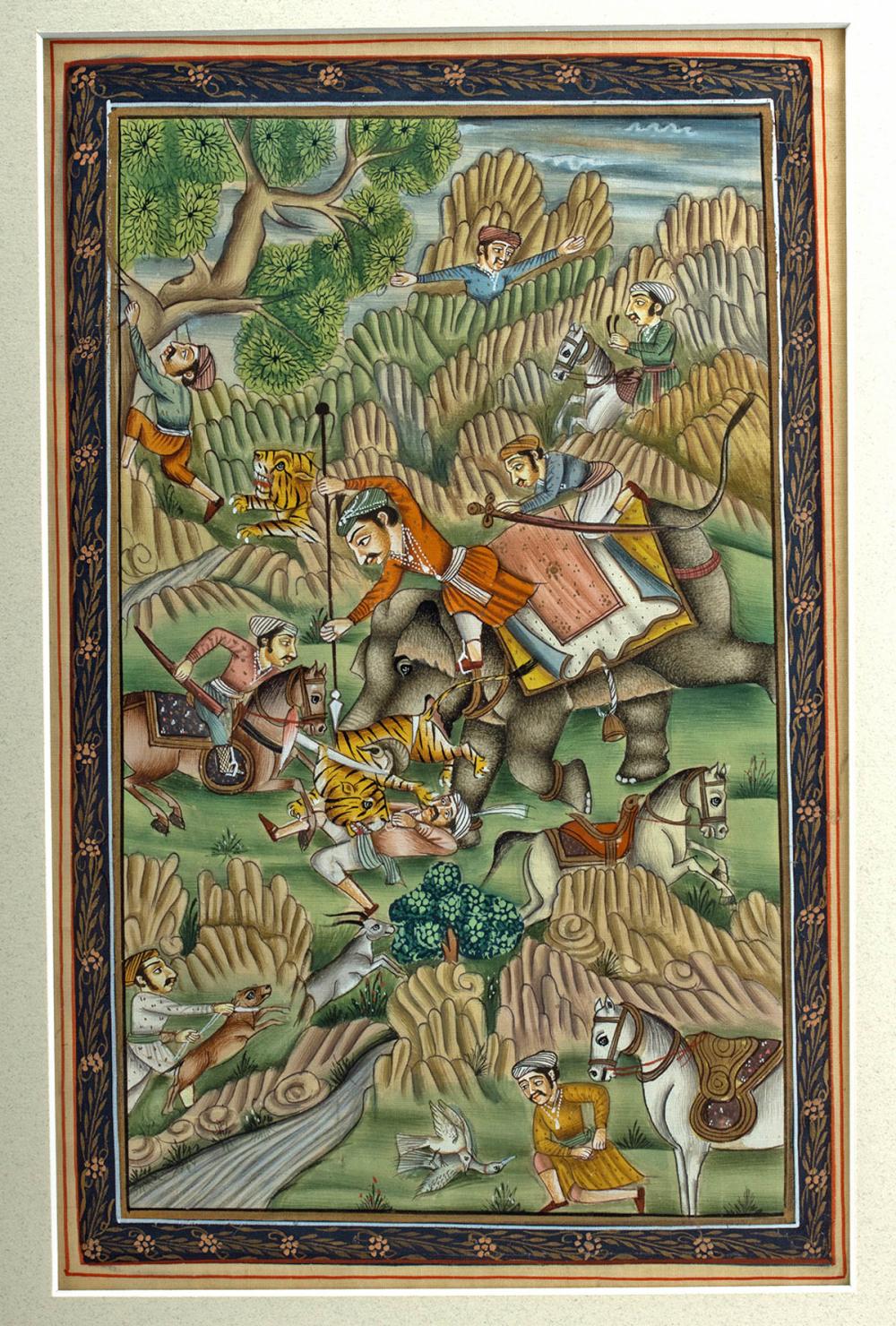 19th C. Indian Mughal Painting on Fabric - Tiger Hunt sold by Artemis Gallery, lot 4A — auction record photograph