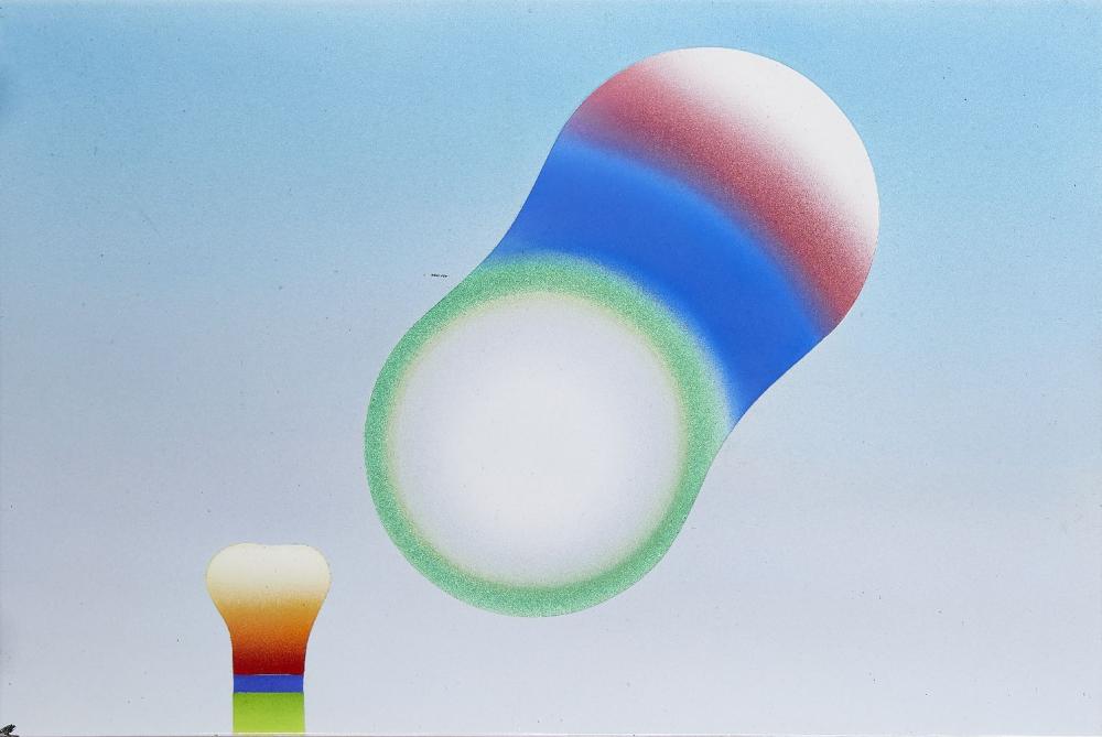 Abstract colorful circle and ring shape with green, blue, and pink gradients on a light background.