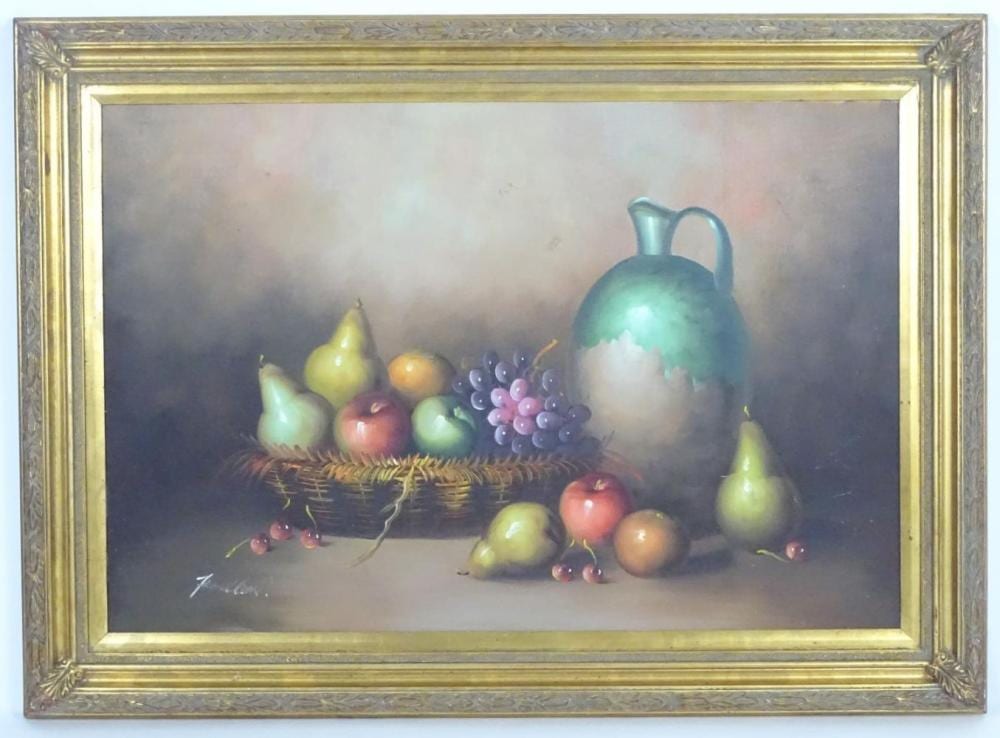Frank Lean comparable auction result: frank lean xx oil on canvas a still life study with fruit in a basket with a jug signed lower le