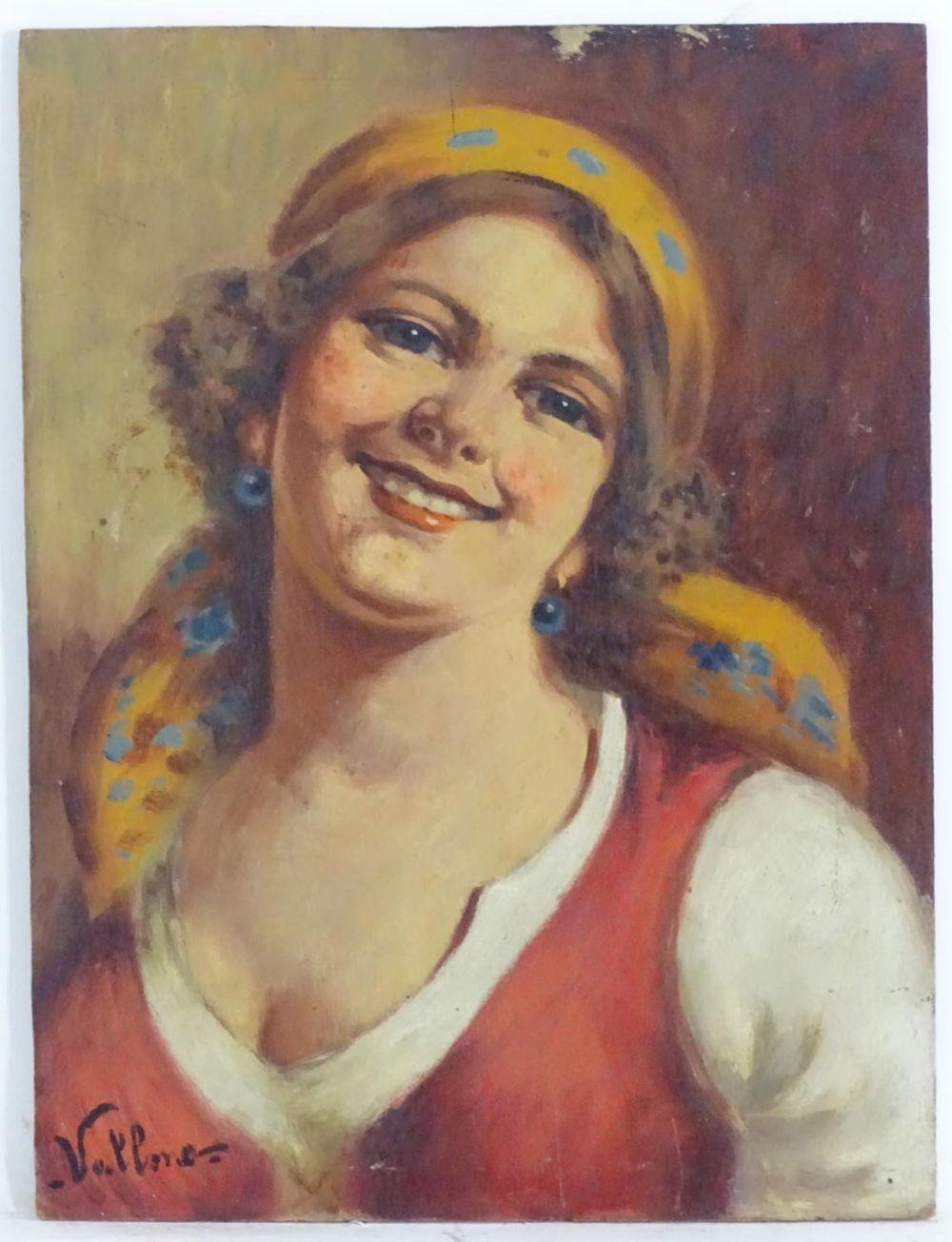 Antonio Vallone comparable auction result: antonio vallone xx italian school oil on board a portrait of young lady with a yellow headband a