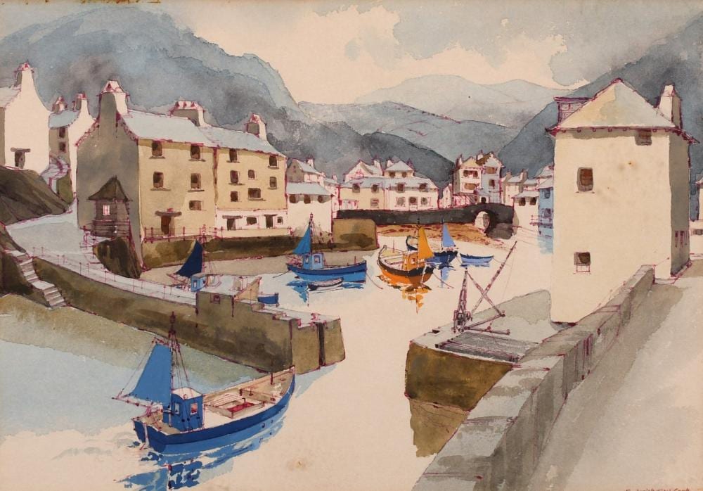 Frederick T. W. Cook comparable auction result: frederick t w cook 1907 18 92 british a harbour scene with mountains beyond watercolour signed 9 x 13