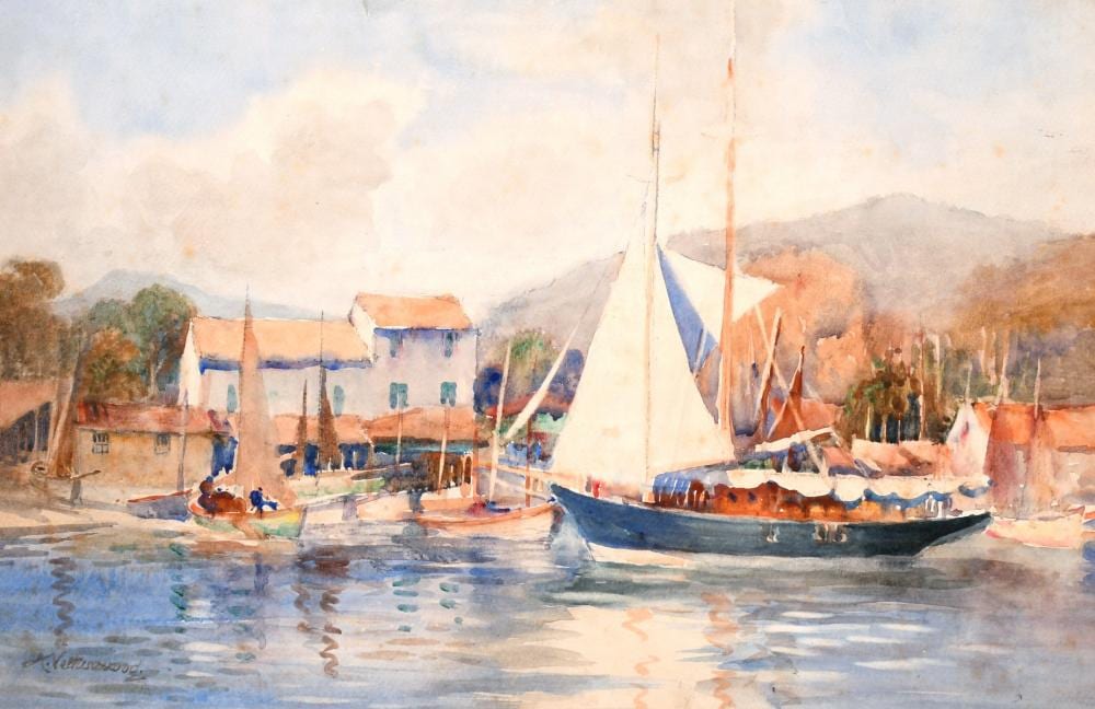 arthur netherwood 1864 1930 british a continental port scene with hills beyond watercolour signed unfram · John Nicholson's Fine Art Auctioneers & Valuers · 2021-02-17 Arthur Netherwood comparable auction result: arthur netherwood 1864 1930 british a continental port scene with hills beyond watercolour signed unfram