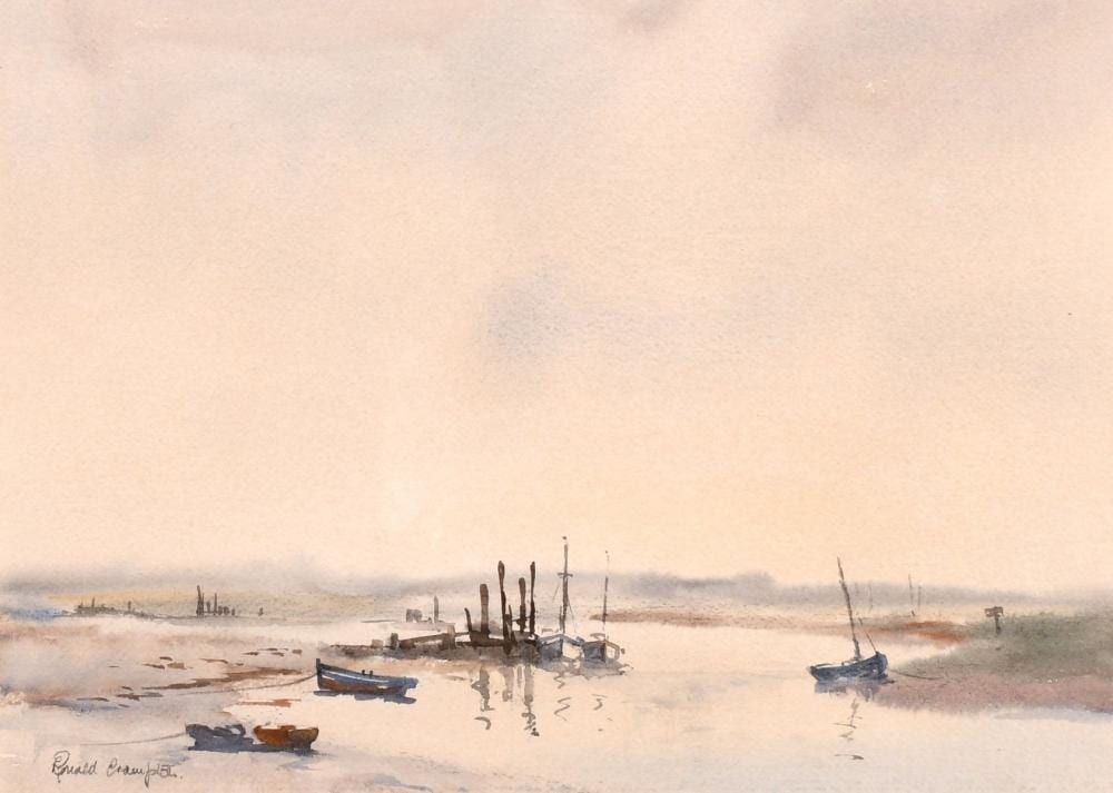 Ronald Crampton comparable auction result: ronald crampton 1905 1985 british morning mist morston norfolk scene of boats in an estuary watercolo