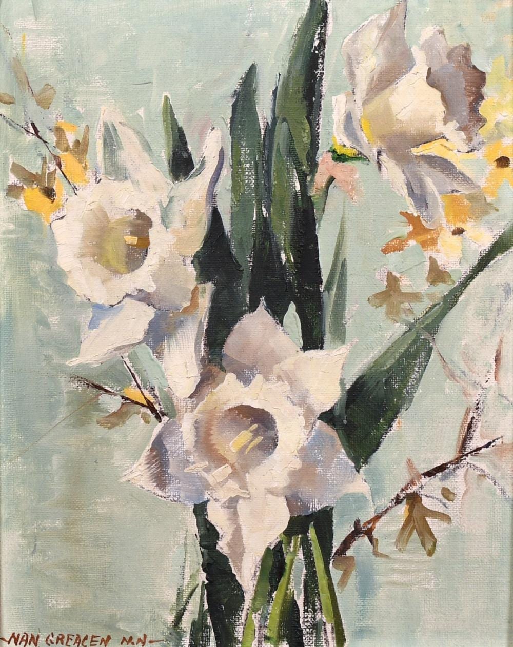 Nan Greacen comparable auction result: nan greacen 1908 1999 french two still life pictures of flowers one pink roses the other daffodils oil o