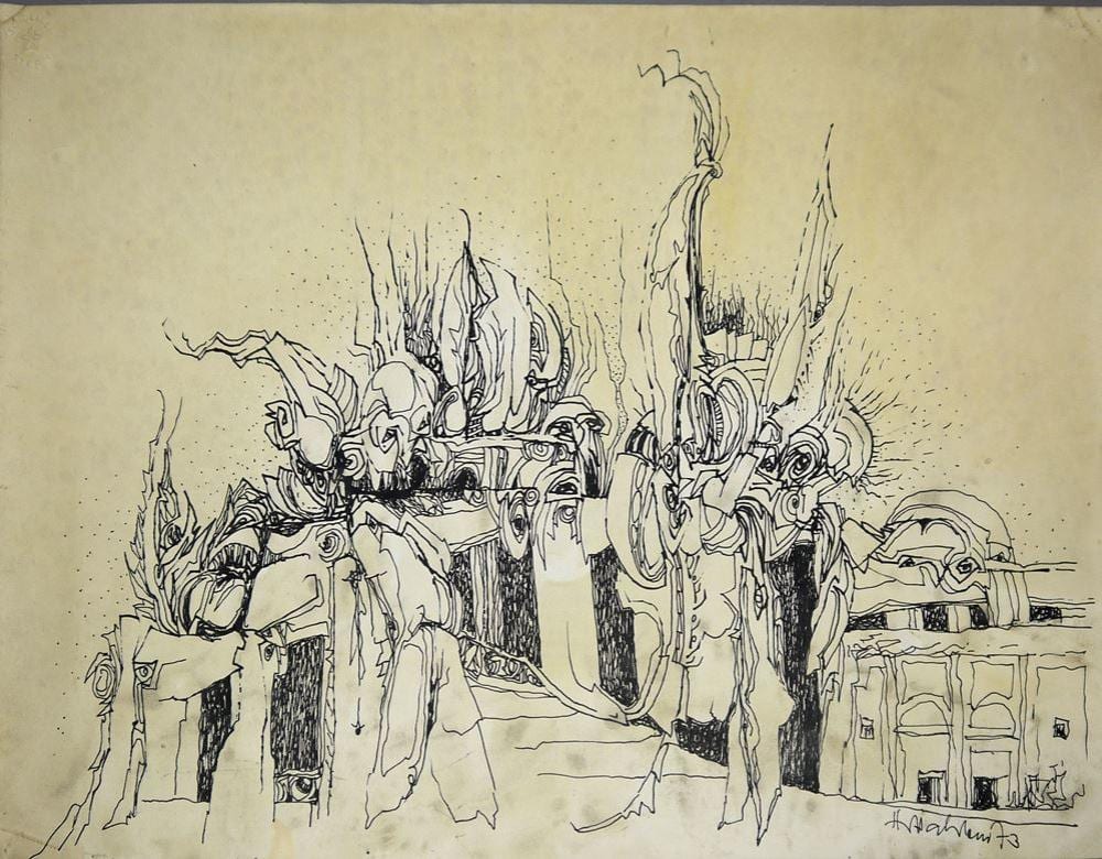 Hans Dahlem comparable auction result: hans dahlem abstrakte komposition mit architektur aquarellierte tuschezeichnung von 1973 signiert o rahmen