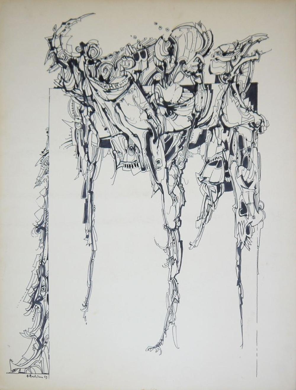 Hans Dahlem comparable auction result: hans dahlem abstrakte komposition signierte filzstiftzeichnung von 1969 o rahmen