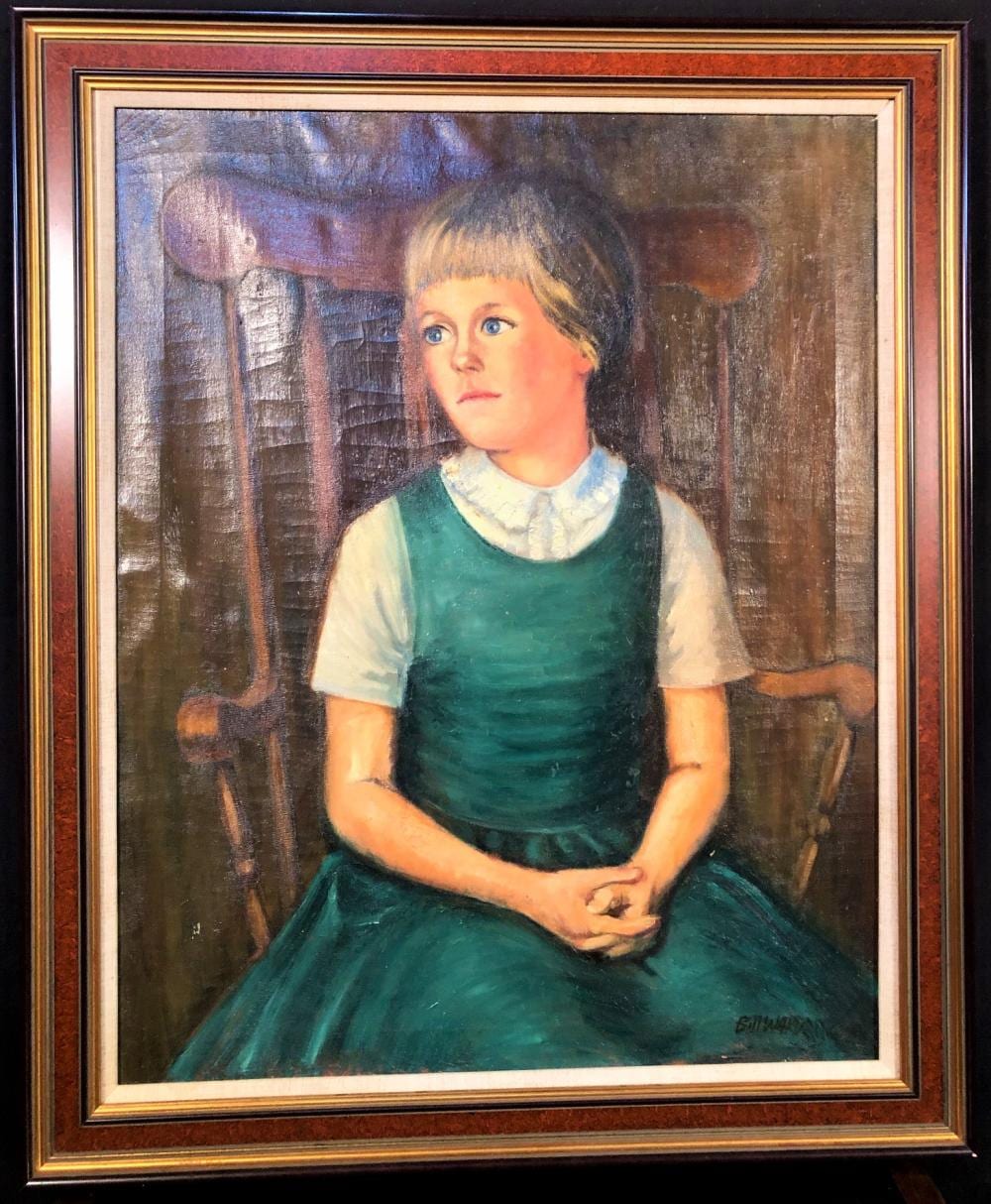 Bill Warden comparable auction result: bill warden 1927 1991 original oil on canvas of a young girl sitting in a green dress signed and frame measuring 35in x 25in x 2in