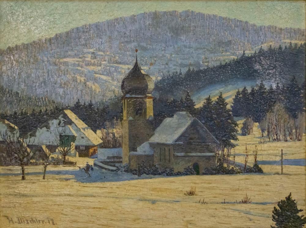 Hermann Dischler comparable auction result: hermann dischler german 1866 1935 winter view of the church in hinterzarten with the mountains of the black forest in the background oil on canvas 1917