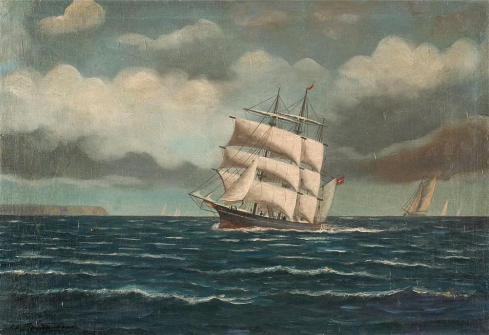 J. E. C. (1841) Rasmussen comparable auction result: carl rasmussen 1841 1893 sailing ship at full sail oil on canvas on board 44 x 66 cm frame 57 x 78 x 5 cm signed lower left