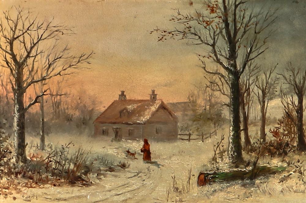 Joseph Morviller comparable auction result: joseph morviller american 1800 1870 winter landscape with cottage oil on board 6 3 4 x 9 1 2in 17 x 24cm