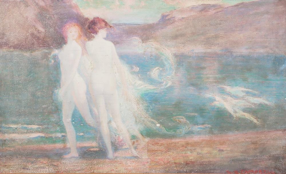 Blendon Reed Campbell comparable auction result: blendon reed campbell american 1872 1969 two nymphs at the shore oil on board 14 1 2in x 23 1 2in 37 x 60cm