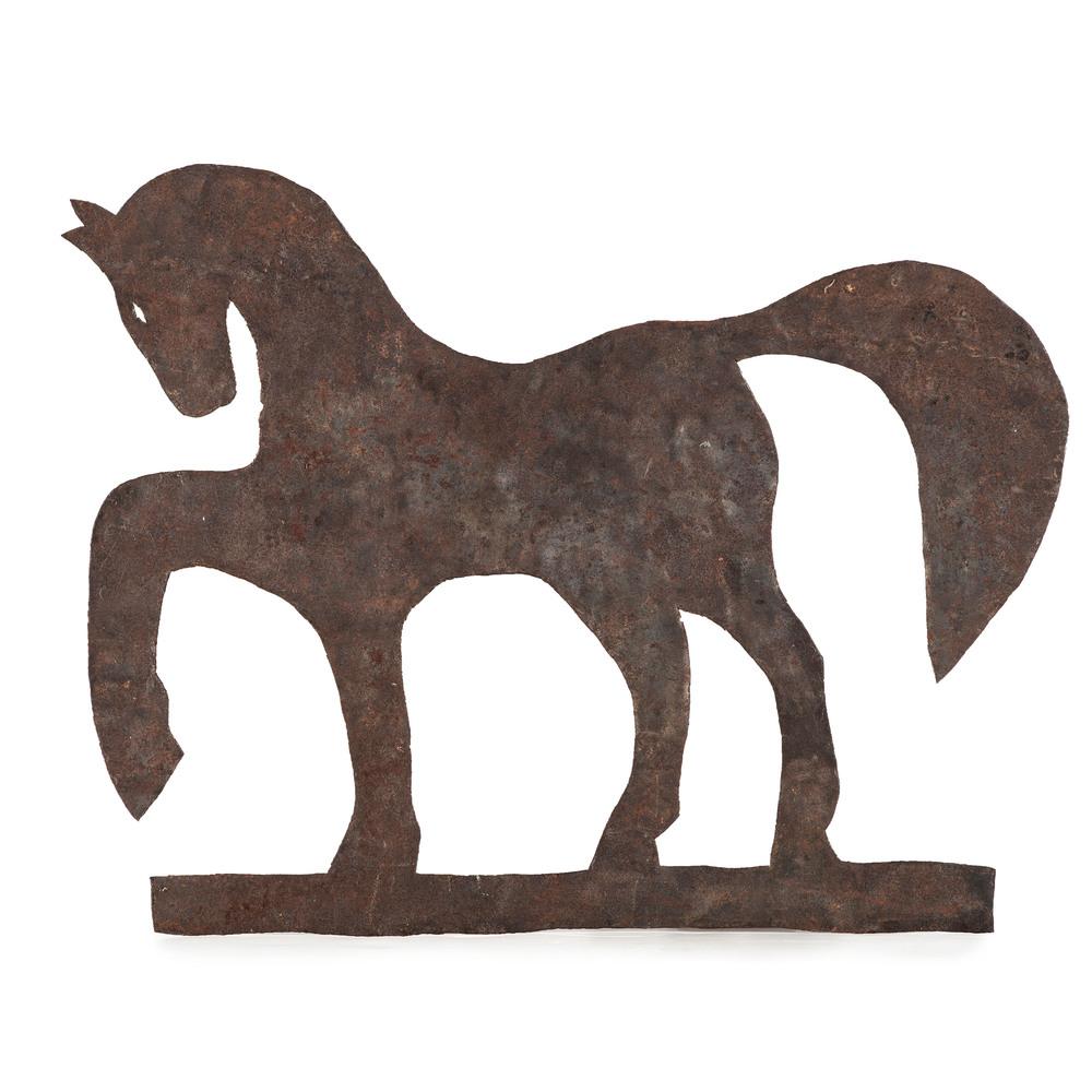 Rusty brown sheet metal horse weathervane figure on a base, with a curved tail and legs, photographed against a white background.