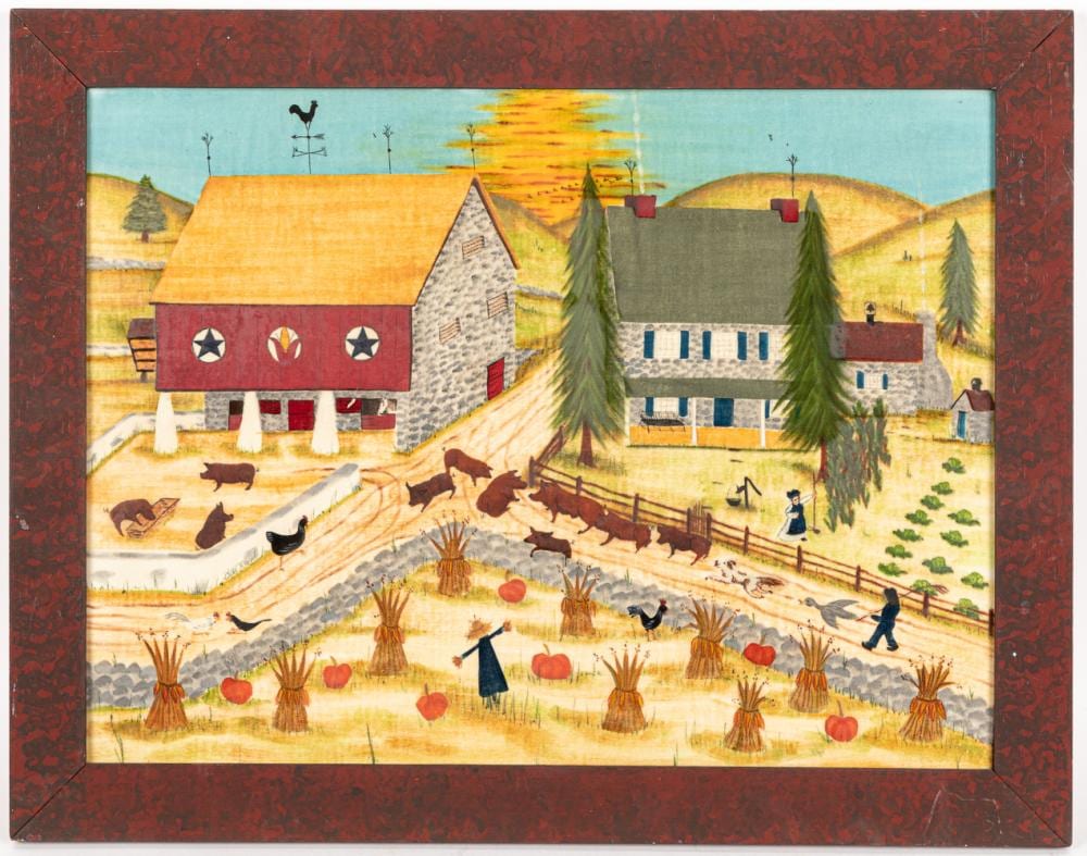 Bill Rank comparable auction result: bill rank oil on velvet theorem farm scene