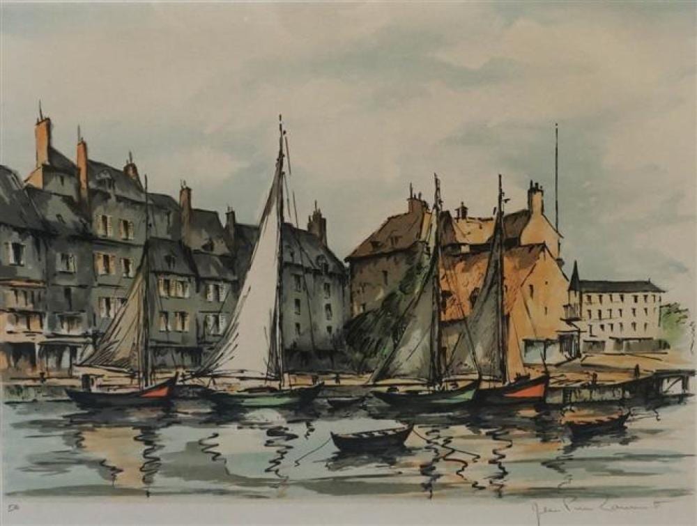 Jean Pierre Laurent comparable auction result: jean pierre laurent french b 1920 european harbor village lithograph framed 34 1 2 x 28 1 4 inches