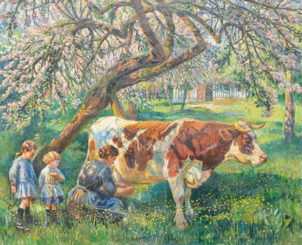 Raymond Louis Lecourt comparable auction result: raymond louis lecourt 1882 1946 a painting of a woman milking her cow with children behind her under a cherry tree