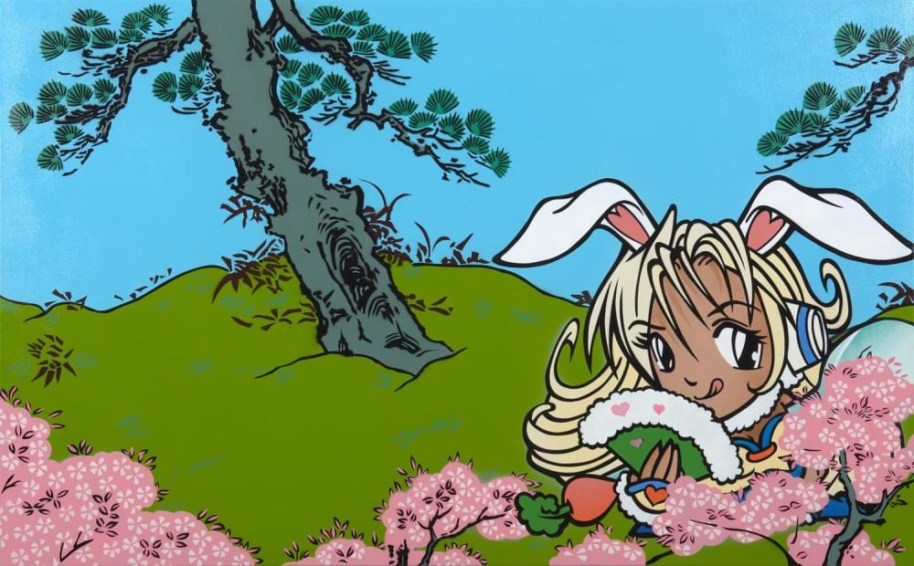 Marcel Cousins comparable auction result: marcel cousins born 1972 bunny rabbit girl frolicking in the forest 2004 enamel on canvas