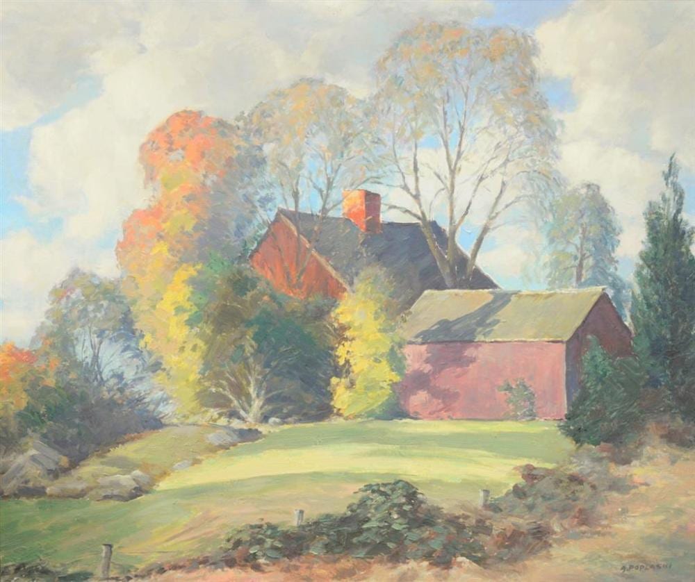 Alex Poplaski comparable auction result: alex poplaski russian american 1906 1988 red house on the hill oil on canvas signed lower left a poplaski 25 x 30