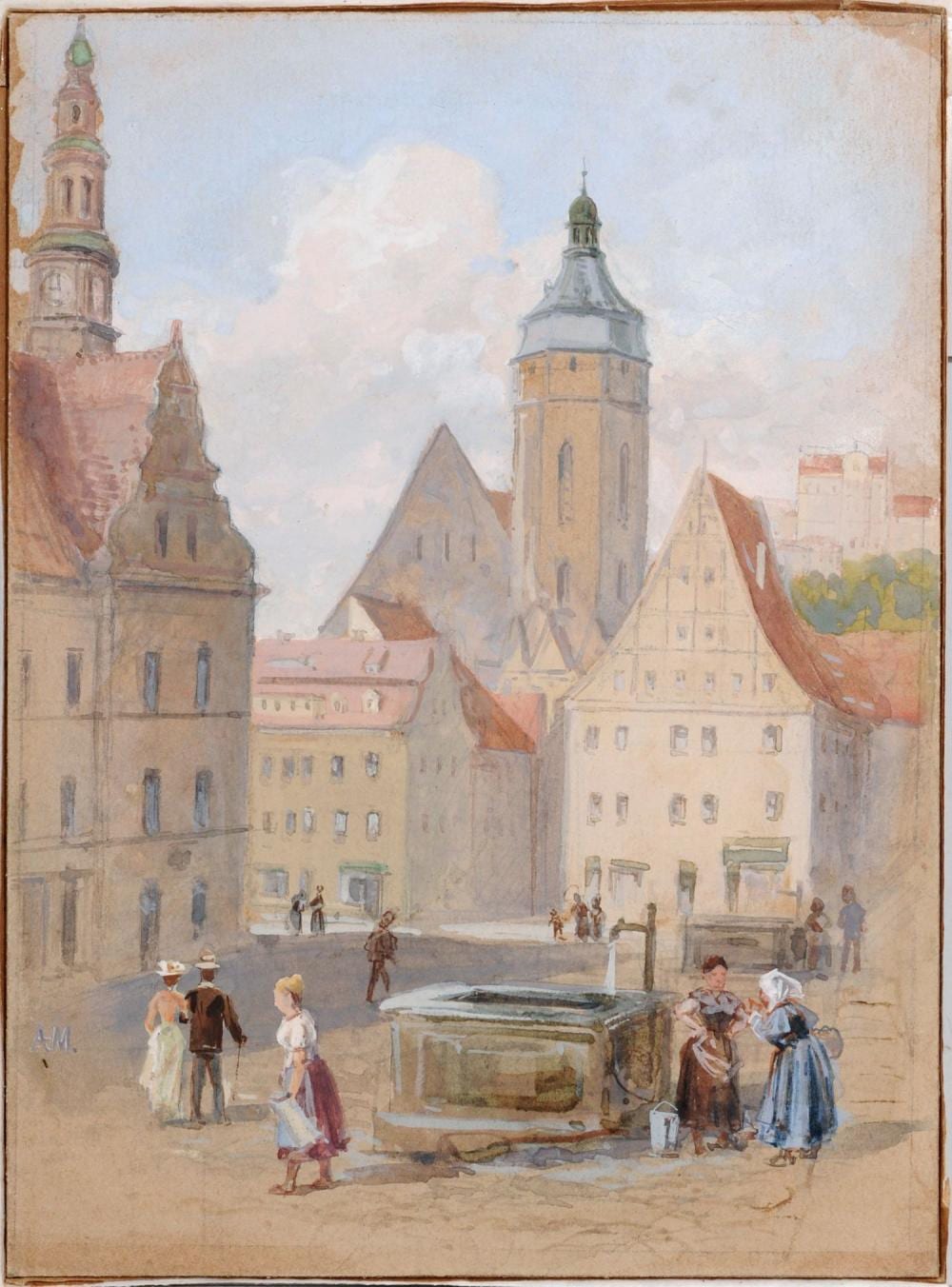 Albert Ernst Mühlig comparable auction result: albert ernst m hlig pirna blick auf den markt mit canalettohaus und marienkirche wohl 1890 s
