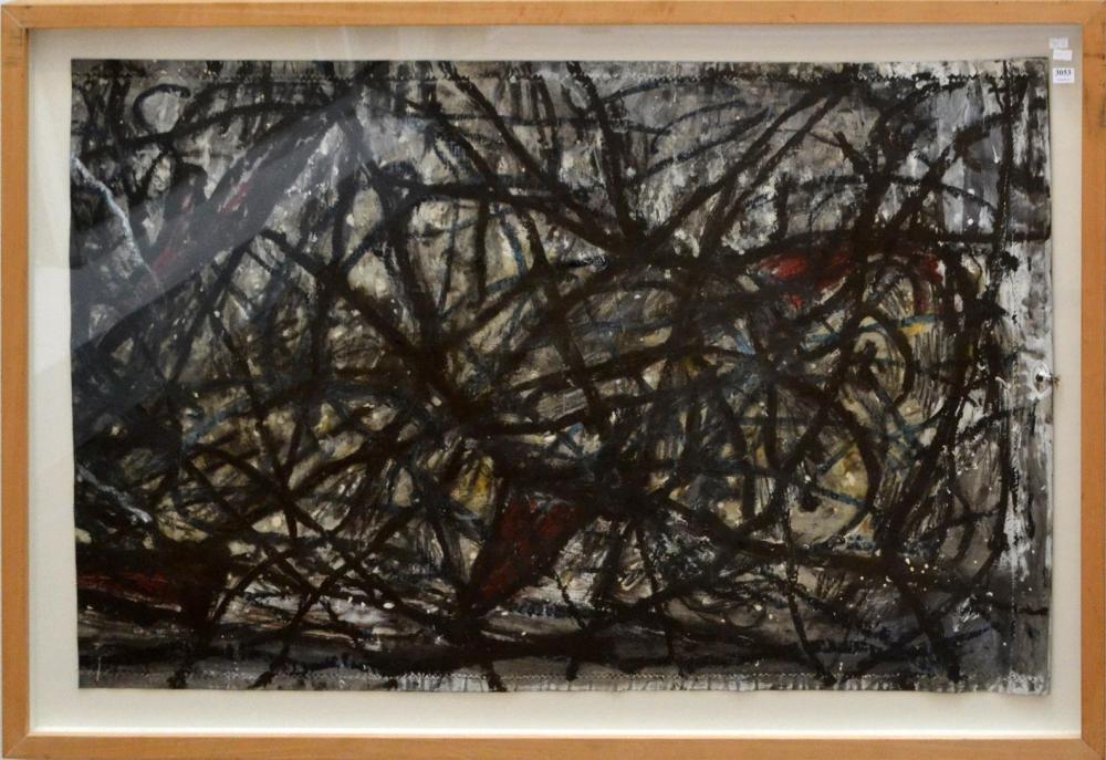 Angus Jones comparable auction result: angus jones abstract mixed media on found fabric blind unsigned 115 x 76cm leonard joel delivery size large