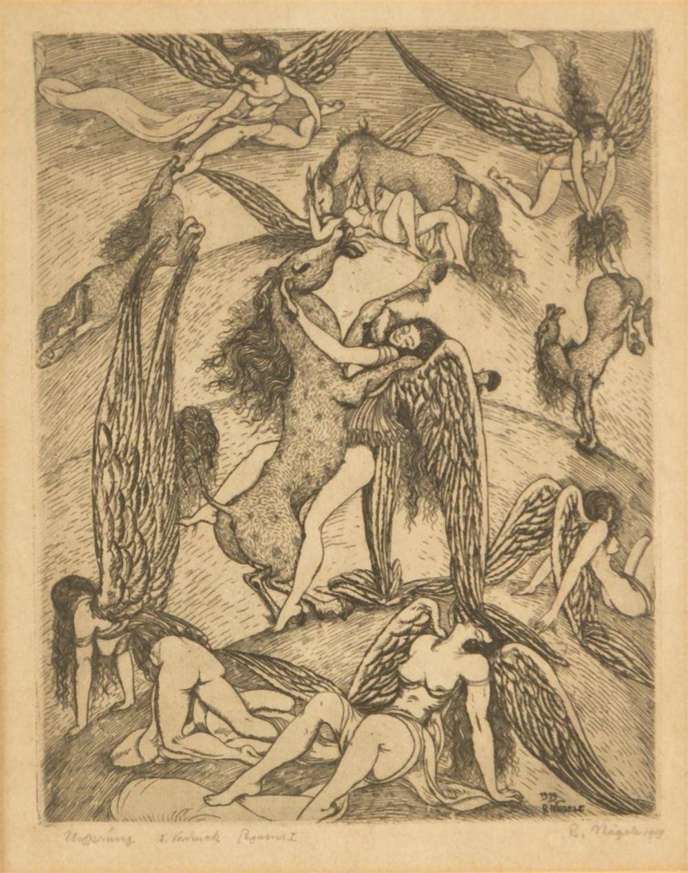 Reinhold Nägele comparable auction result: reinhold n gele 1884 1972 pegasus i ets r o gesigneerd en gedateerd 1919 b 22 x 17