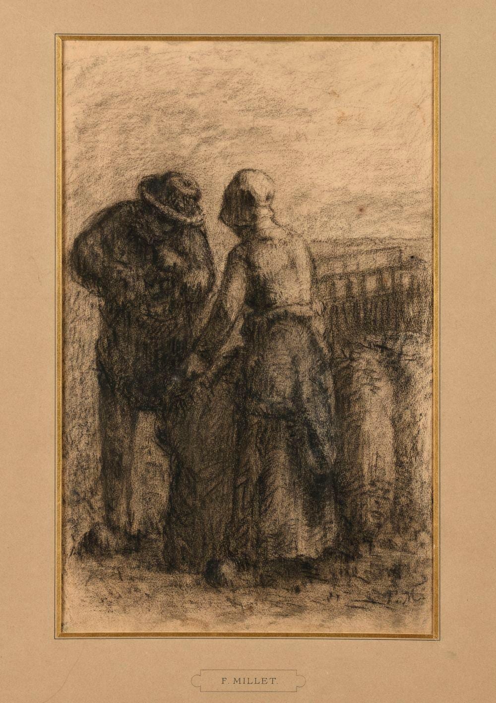 François Millet comparable auction result: fran ois millet 1851 1917 couple de paysans la barri re dessin au fusain sign des initiales en