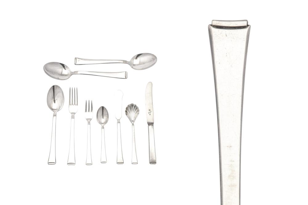An early 20th century German Art Deco 800 standard silver table service of flatware / canteen, circa 1940 by Württembergische Metallwarenfabrik (WMF) sold by Chiswick Auctions, lot 245 — auction record photograph