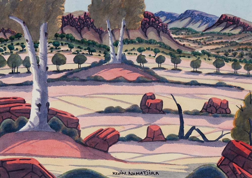 Kevin Namatjira comparable auction result: kevin namatjira 1958 2018 macdonnell ranges watercolour 23 5 x 33 5 cm frame 55 x 65 x 2 cm signed lower centre