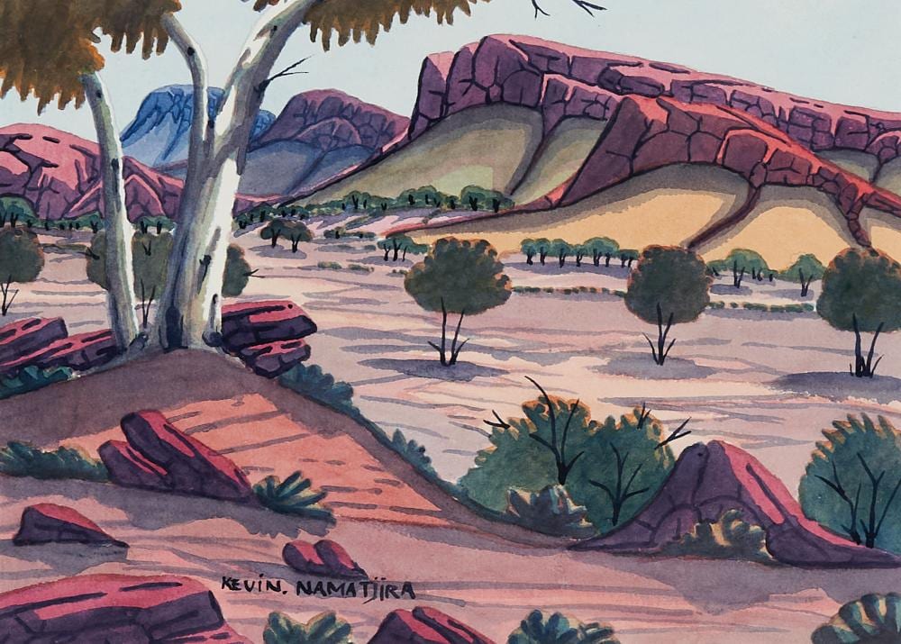 Kevin Namatjira comparable auction result: kevin namatjira 1958 2018 macdonnell ranges watercolour 25 x 35 cm frame 55 x 65 x 2 cm signed lower left