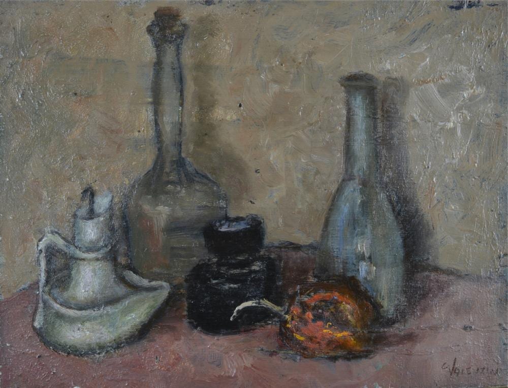 Giorgio Valenzin comparable auction result: giorgio valenzin 1901 1978 natura morta con bottiglie fronte alzata con frutta verso