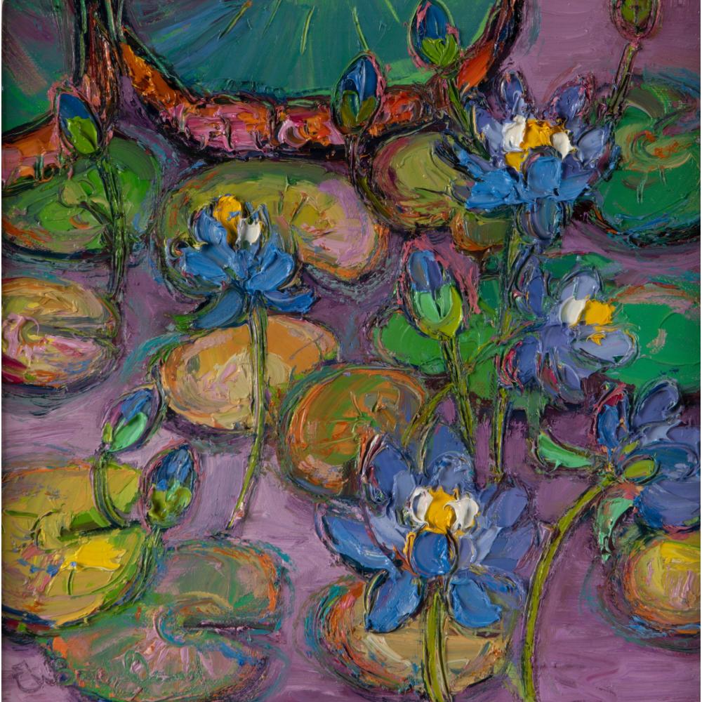 Colorful impasto painting of blue waterlily flowers with green stems on a purple background.