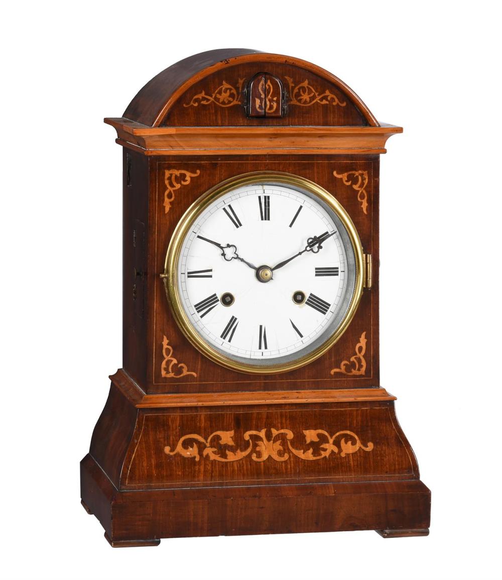 A rare German Black Forest inlaid mahogany spring-driven musical cuckoo mantel clock sold by Dreweatts 1759 Fine Sales, lot 65 — auction record photograph