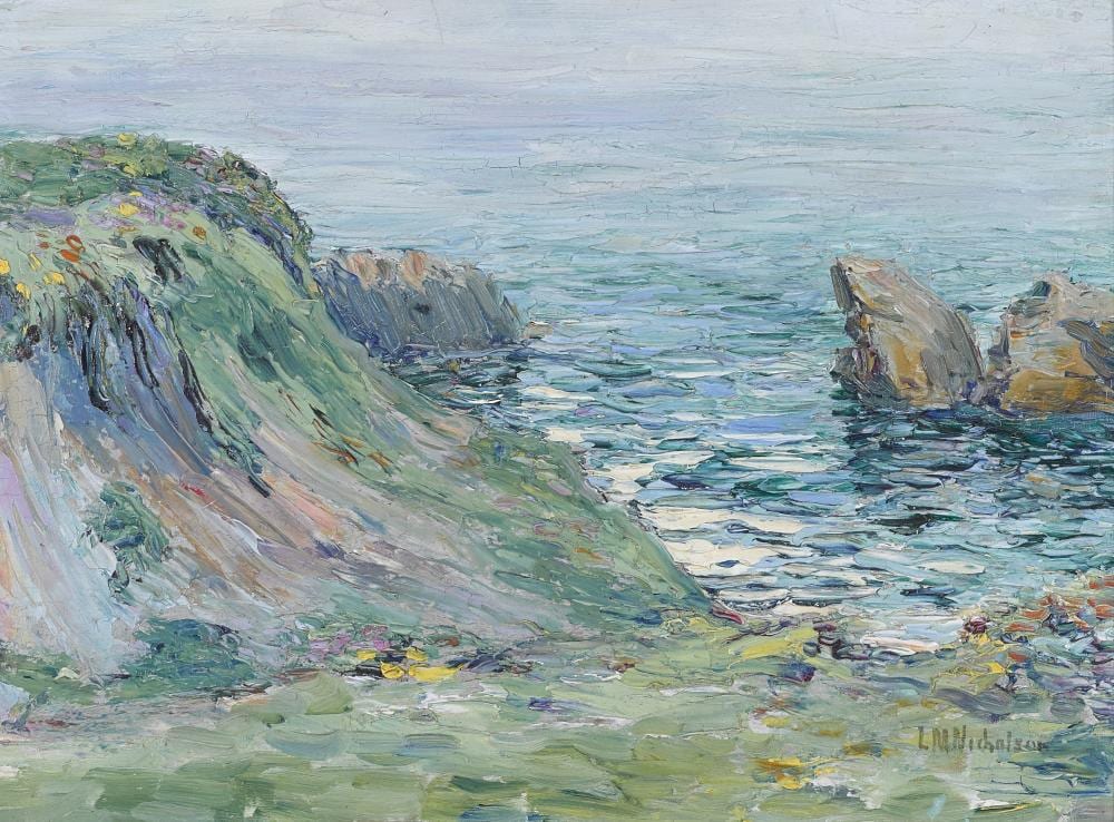 Lillie May Nicholson comparable auction result: lillie may nicholson 1884 1964 colorful precipice on left rocks on coast 12 x 16in framed 15 x 19in