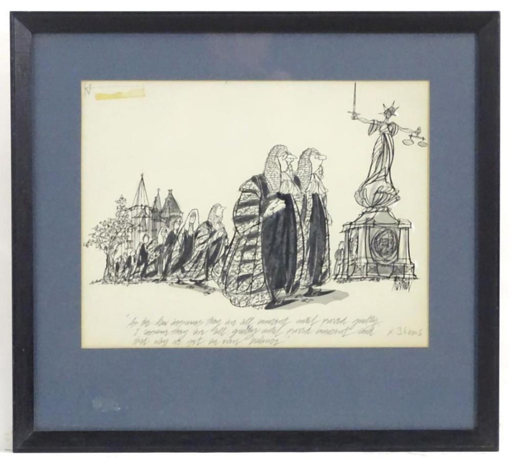 Kenneth Mahood comparable auction result: kenneth mahood 20th century pen and ink political cartoon as the law assumes they are innocent u