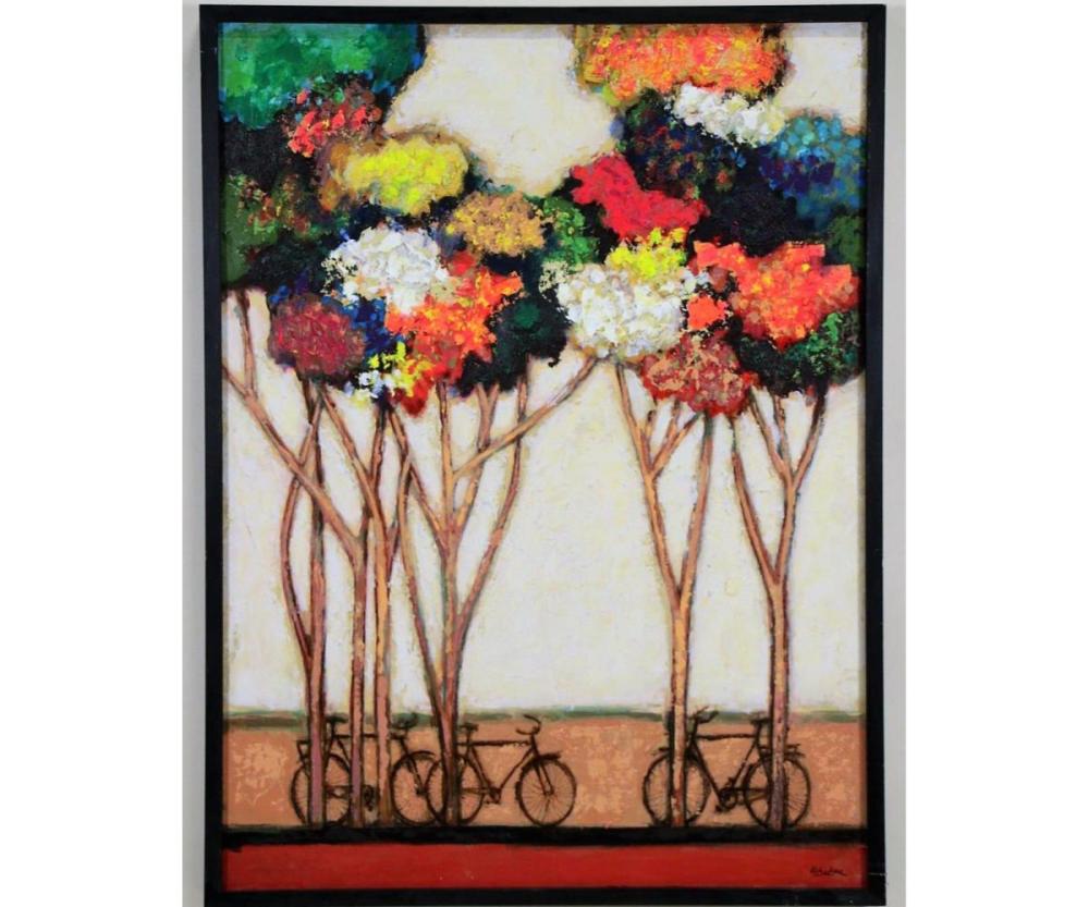 DAVID ADICKES "BIKES UNDER TREES" MIXED MEDIA sold by Lewis & Maese Antiques & Auctions, lot 153 — auction record photograph