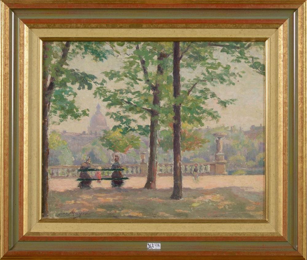Jean Mayné comparable auction result: huile sur panneau le parc anim et ensoleill sign en bas gauche jean mayn ecole belge dim