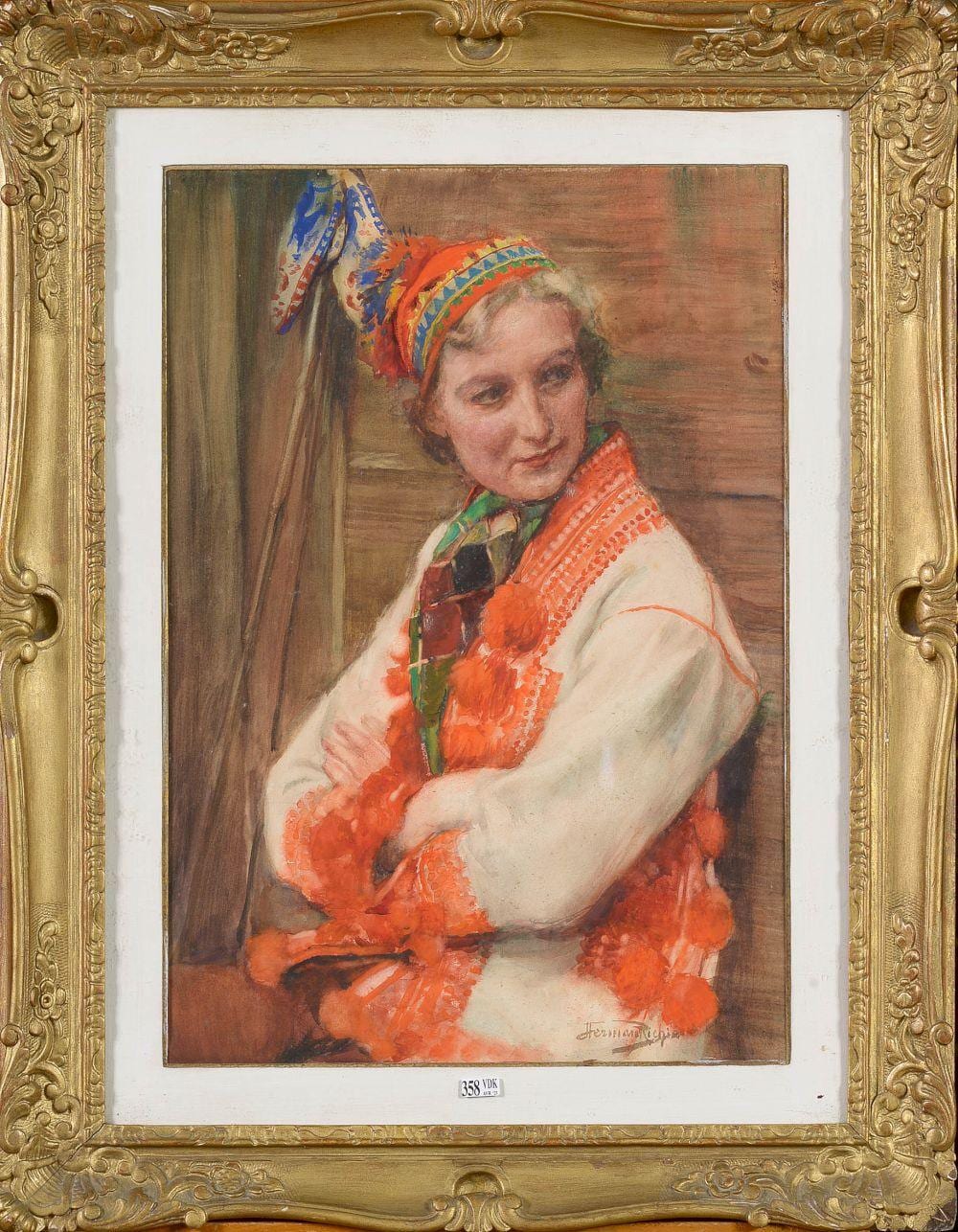 Herman Jean Joseph Richir comparable auction result: portrait d une femme en costume scandinave aquarelle sur papier sign en bas droite herman rich