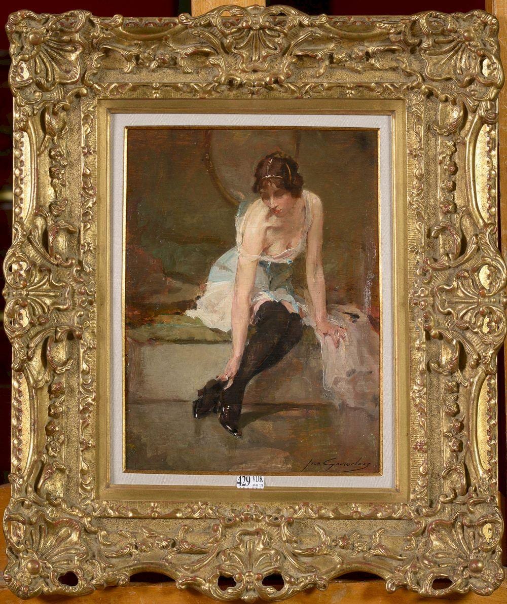 Jean Léon Henri Gouweloos comparable auction result: huile sur panneau jeune femme se chaussant dans un int rieur sign en bas droite jean gouweloos