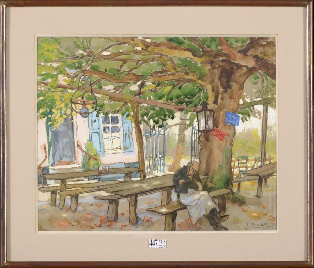 Roméo Dumoulin comparable auction result: homme assoupi sous le vieil arbre aquarelle sur papier sign en bas droite rom o et dat 1917
