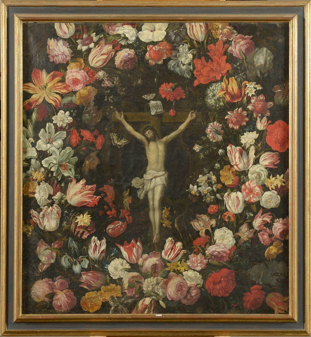 Jan van (1626) Kessel comparable auction result: huile sur toile maroufl e sur toile couronne de fleurs entourant un christ en croix attribu ja