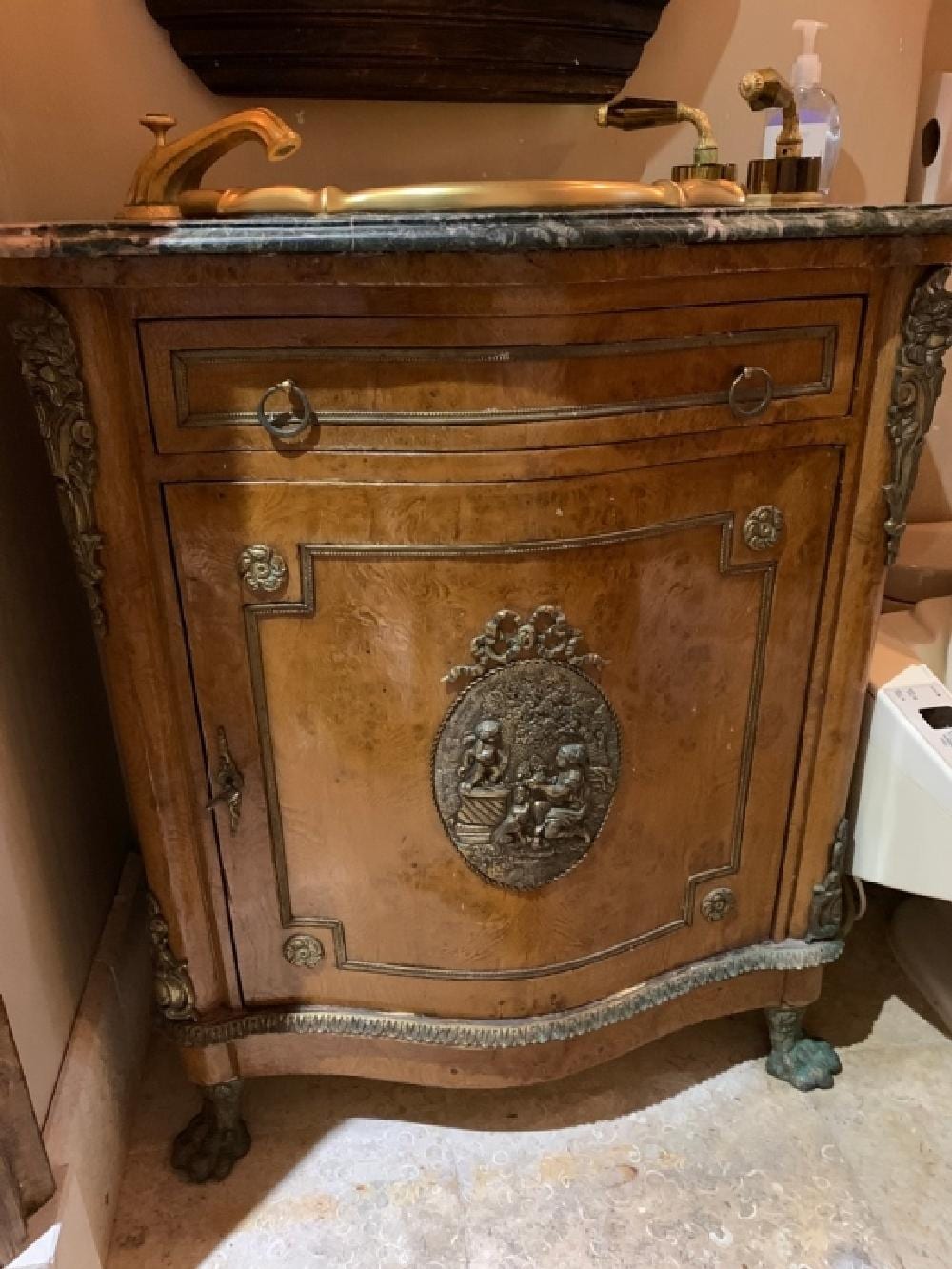 ANTIQUE BURLWOOD CLAWFOOT COMMODE VANITY CABINET sold by DejaVu Estate Sales & Auctions, lot 285A — auction record photograph