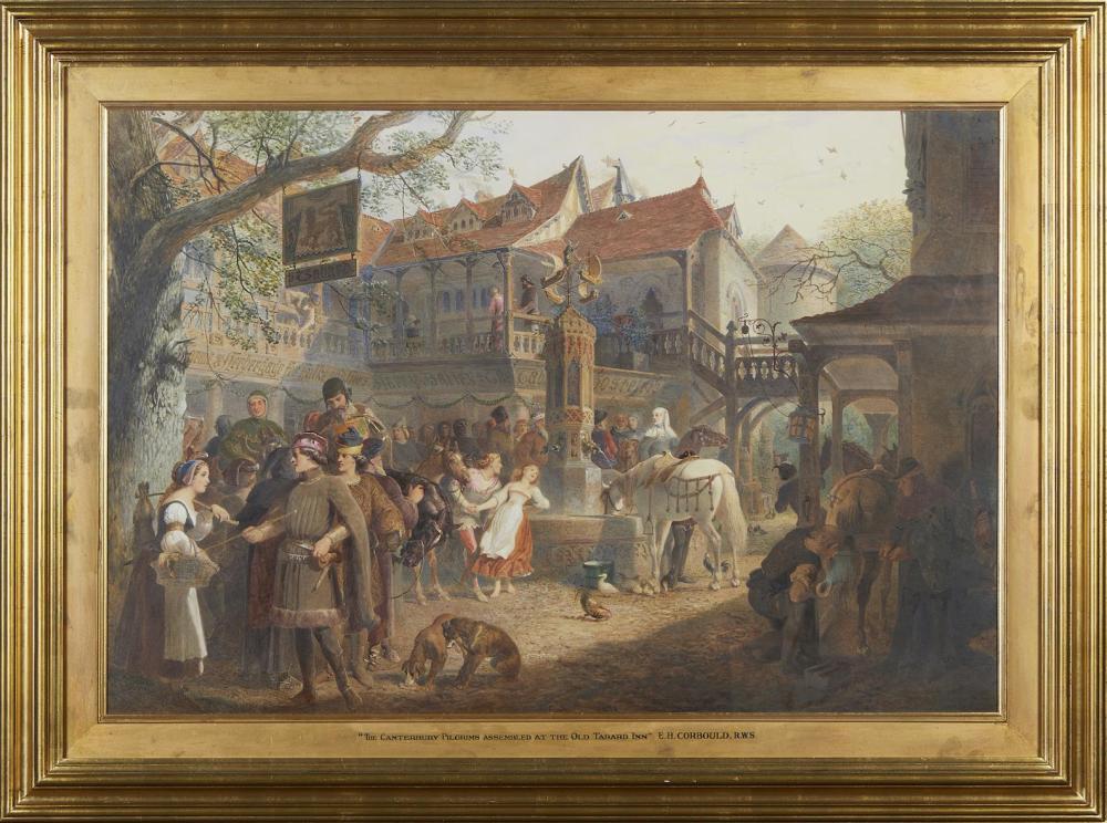 Edward Henry Corbould comparable auction result: edward henry corbould british 1815 1905 the canterbury pilgrims assembled at the old tabard inn 1874 oil on card