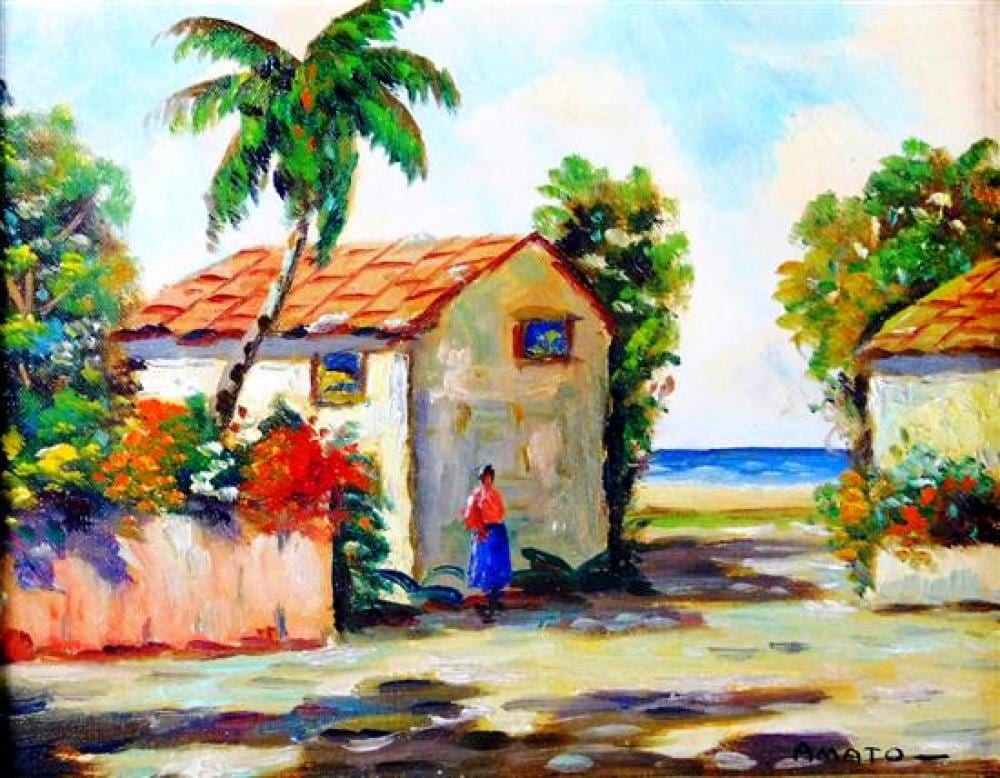 Orazio Amato comparable auction result: orazio amato italy 1884 1952 oil on canvas board tropical red roof cottage surrounded by colorful foliage and palm tree figure