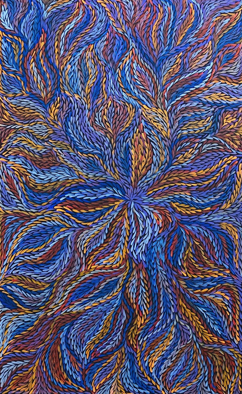 Rosemary Petyarre Bush Yam Flower Acrylic on canvas. Painted 2019. Comes with Certificate of Authenticity. Artwork is stretched and ready to hang.151cm x 93cm sold by Pottle Auctions, lot 59 — auction record photograph