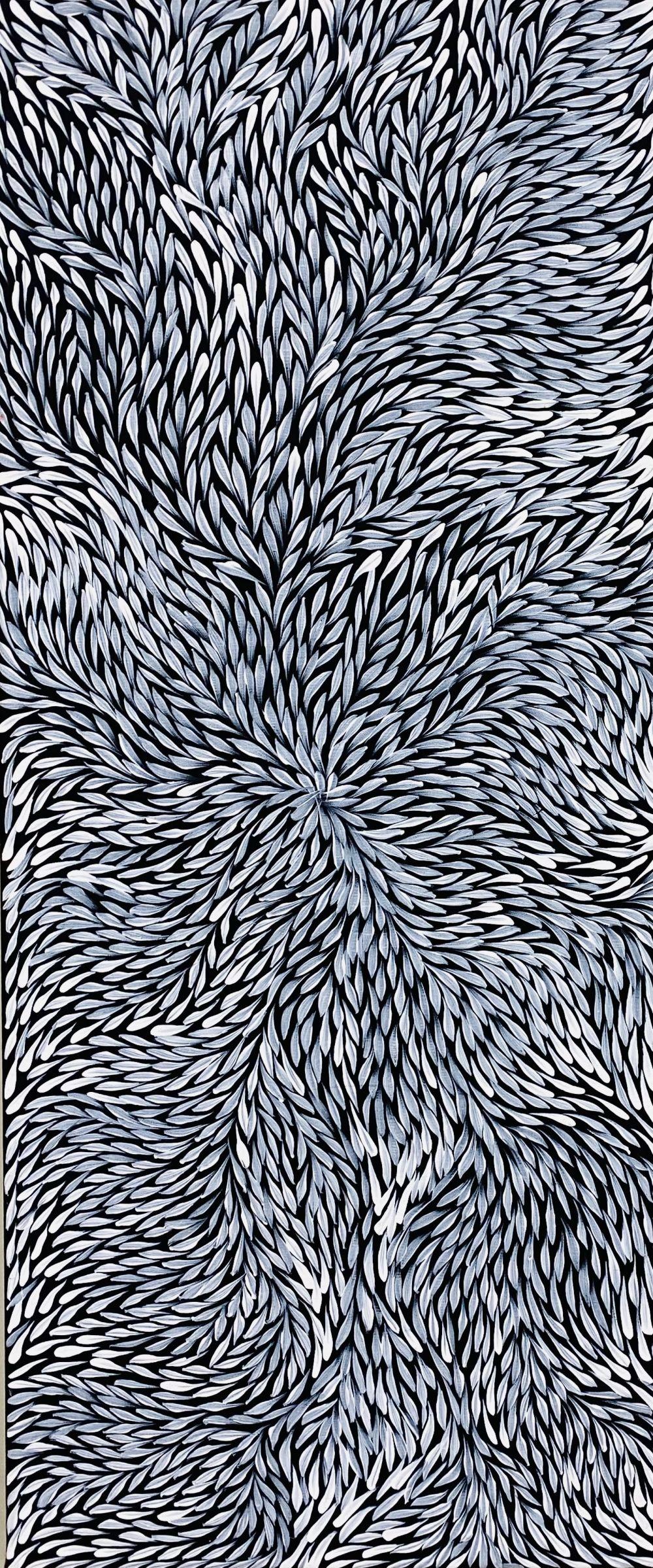 Rosemary Petyarre Bush Yam Flower Acrylic on Canvas. Painted 2019 Comes with Certificate of Authenticity. Artwork is stretched and ready to hang.103xm x 44cm sold by Pottle Auctions, lot 298 — auction record photograph